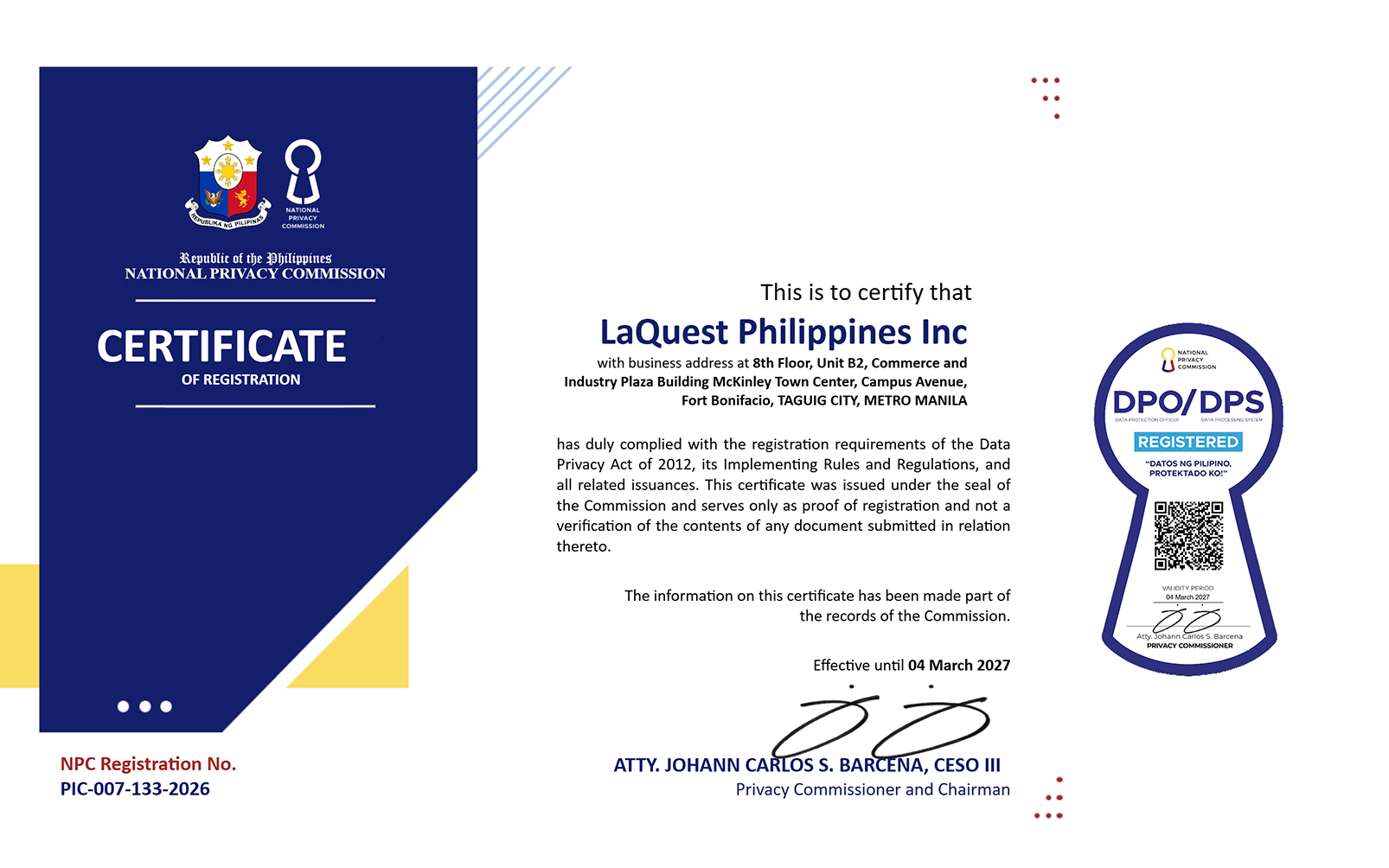 LaQuest Certificate